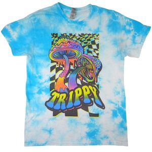 Gildan Tie Dye Mushroom Trippy Graphic Tee Shirt Blue White Size‎ Medium